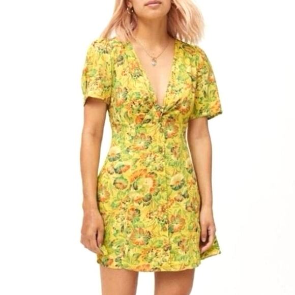URBAN OUTFITTERS Babydoll‎ Linen Floral Print Twist Front Smocked Mini Dress XS - Picture 1 of 10